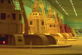 Turbines inside the powerhouse inside the Dalles Dam, OR
